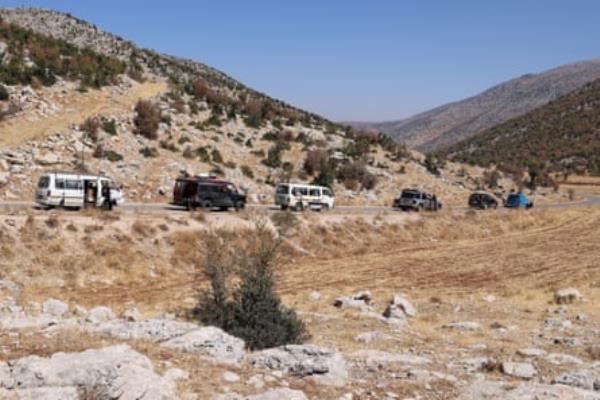 A convoy of people leaving Shebaa in southern Lebanon