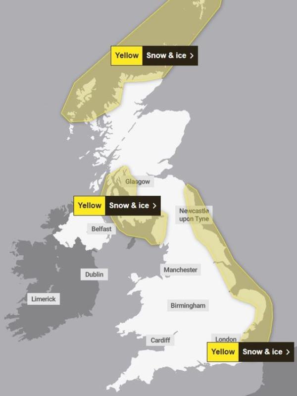 Three fresh yellow weather warnings have been issued for snow and ice Pic: Met Office